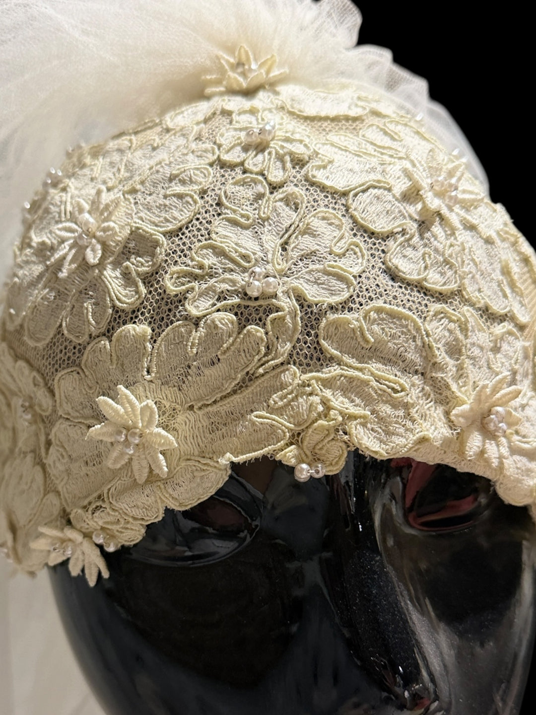 1976 Bergdorf Goodman Lace Wedding Gown & Juliet Cap Veil