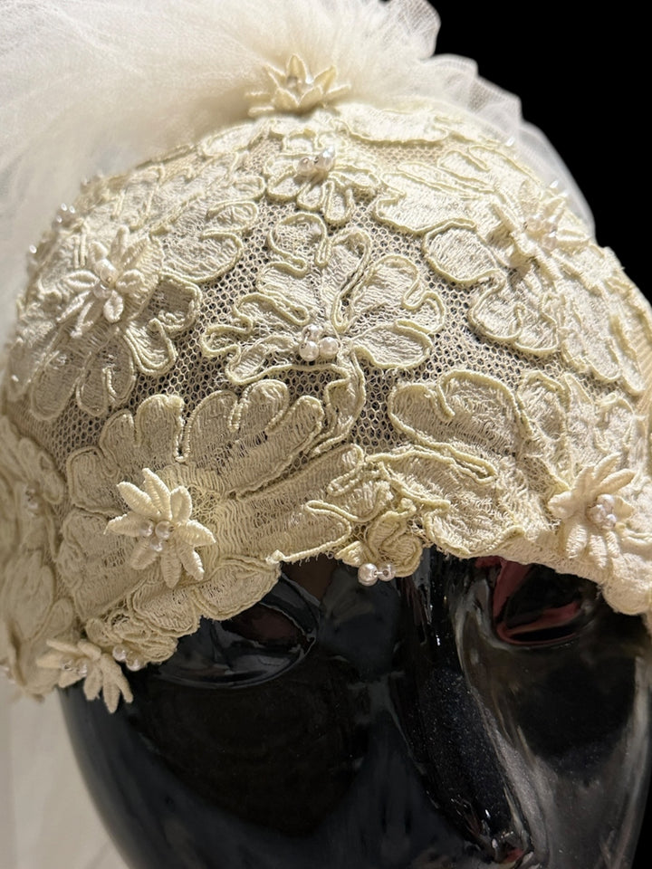 1976 Bergdorf Goodman Lace Wedding Gown & Juliet Cap Veil
