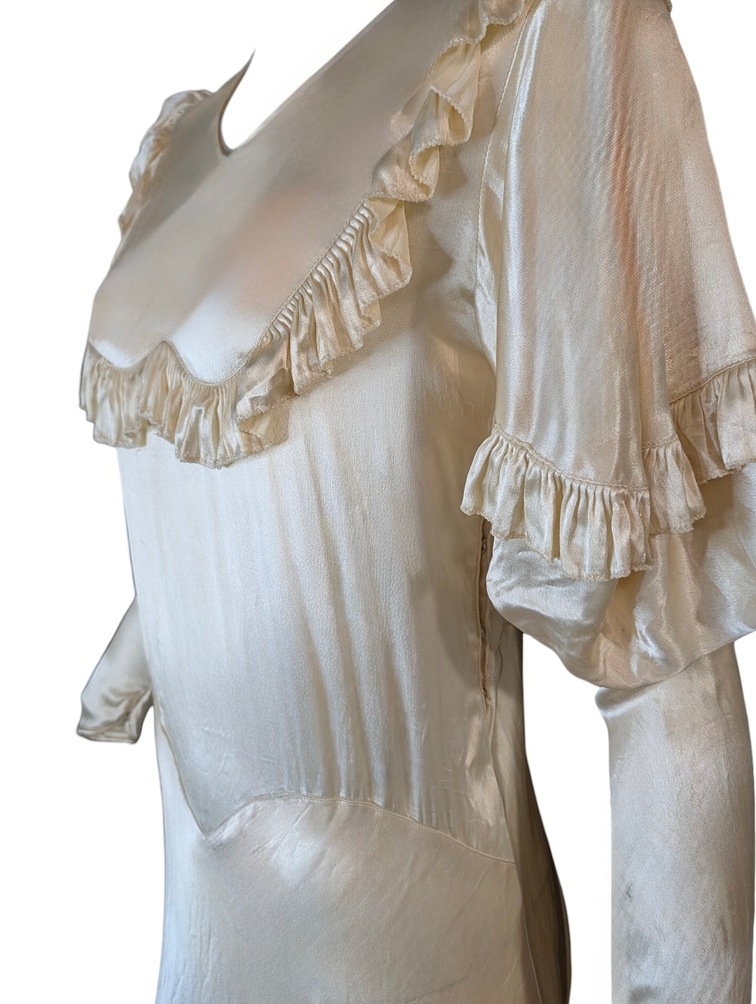 1930s Bias-Cut Ivory Satin Wedding Gown with Puff Sleeves and Ruffled Yoke