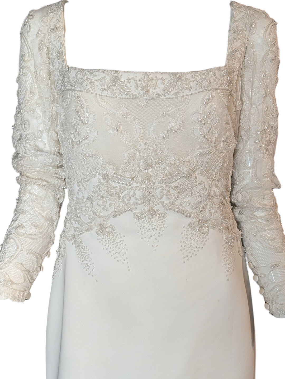 Close-up of beaded lace bodice on Badgley Mischka vintage wedding dress