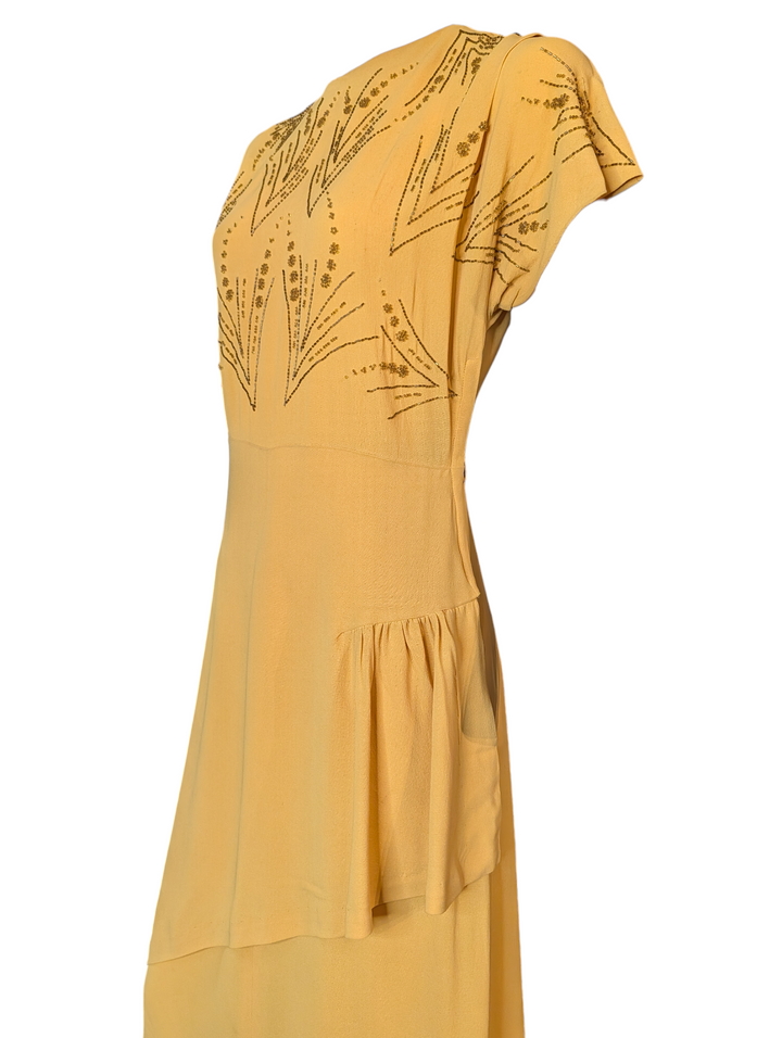 1940s Mustard Yellow Beaded Gown