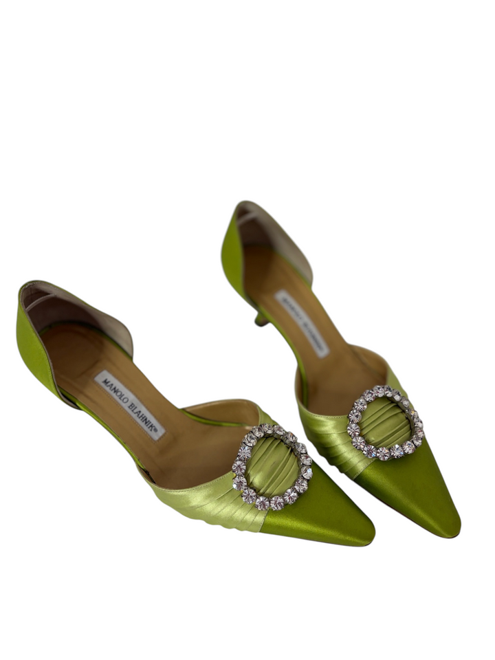 Manolo Blahnik Chartreuse Satin Crystal-Buckle d'Orsay Pump, 8