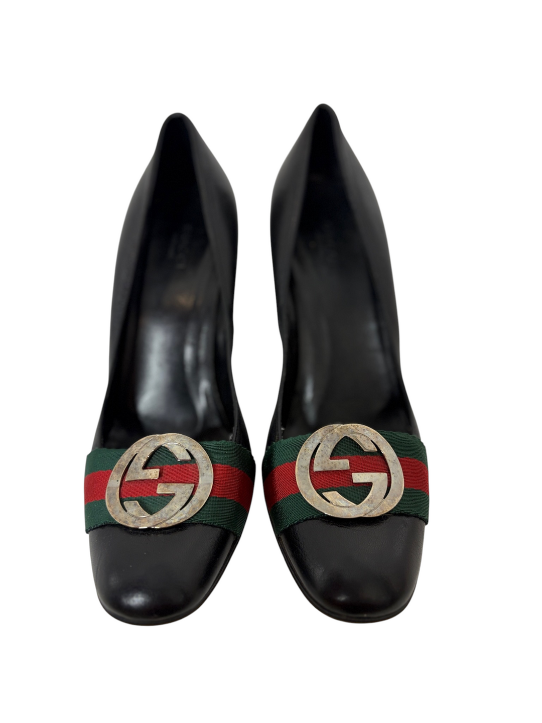 Gucci Black Leather Web Stripe GG Buckle Block-Heel Pump, 9B