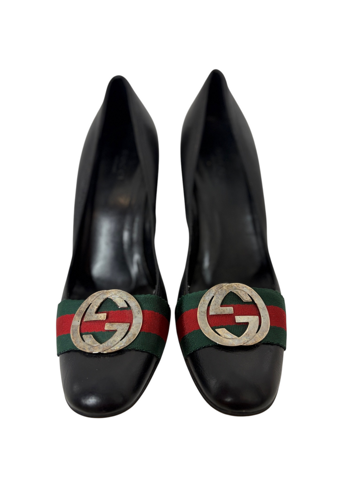 Gucci Black Leather Web Stripe GG Buckle Block-Heel Pump, 9B