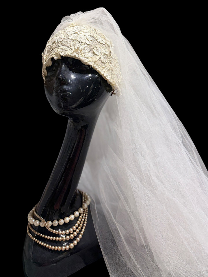 1976 Bergdorf Goodman Lace Wedding Gown & Juliet Cap Veil
