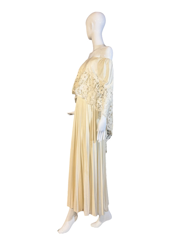 1970’s Unnamed Vintage Boho Wedding off-the-shoulder Bridal Gown, , RERACKED Vintage, RERACKED