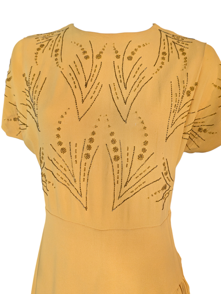 1940s Mustard Yellow Beaded Gown