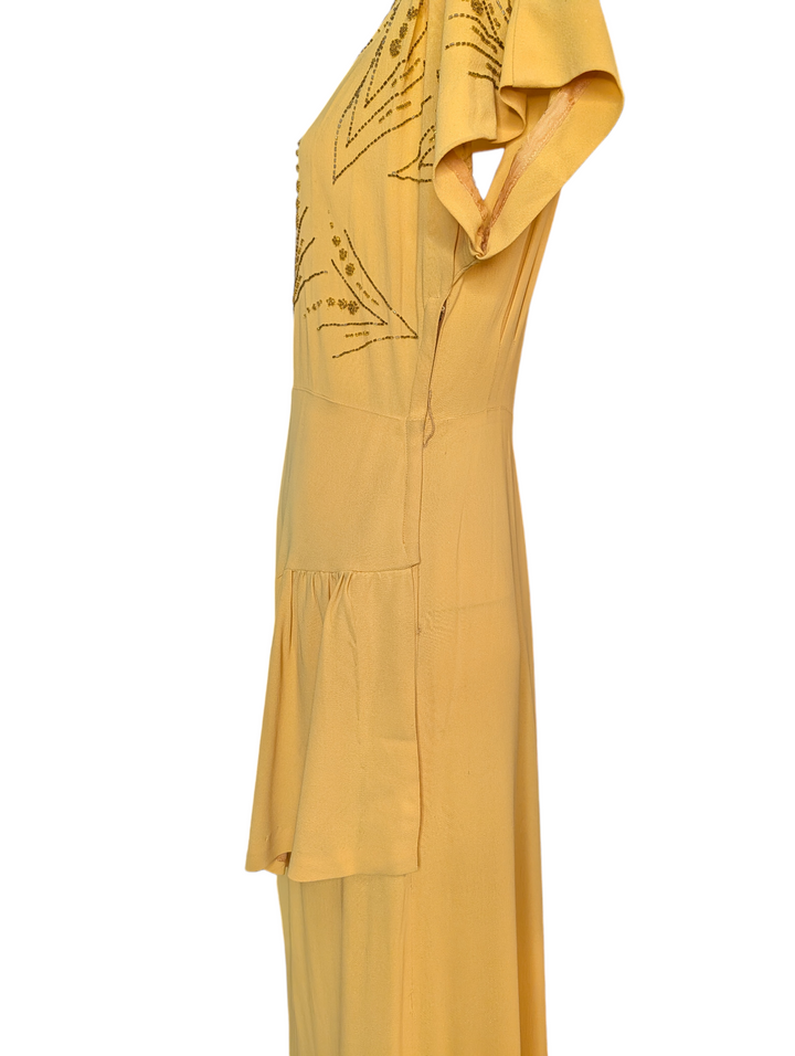 1940s Mustard Yellow Beaded Gown