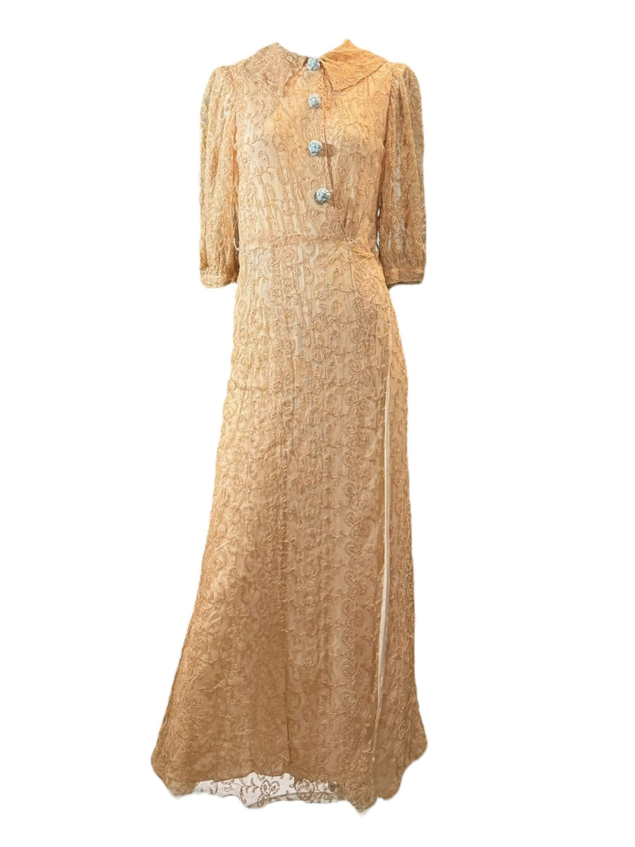 Ivory Lace Gown with Blue Buttons 1940s XS | Vintage with Puff Sleeves Ivory Lace Gown with Blue Buttons 1940s XS | Vintage with Puff Sleeves