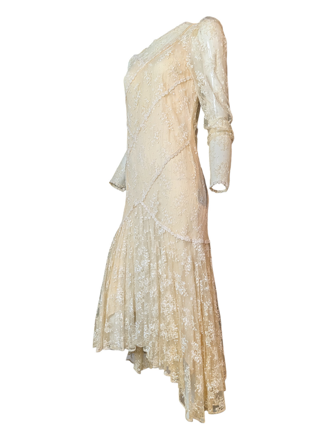 1970s Lace Drop Waist Long Sleeve Wedding Gown with Slip