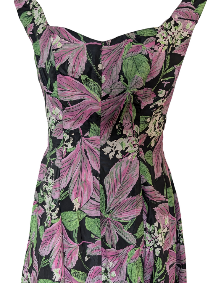 Nina Ricci Black Silk Hand Painted Floral Evening Gown with Deep V Back