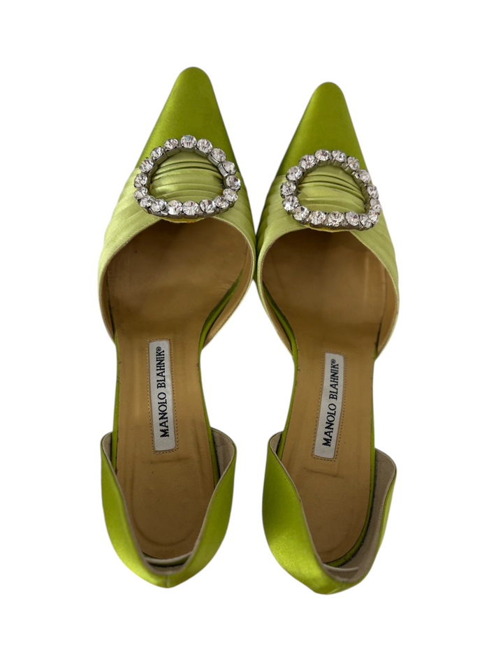 Manolo Blahnik Chartreuse Satin Crystal-Buckle d'Orsay Pump, 8
