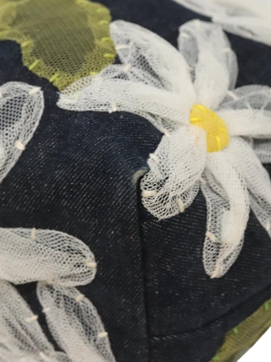 1990s Fendi Daisy Appliqué Denim Tote with Leather Handles - Displayed in a lifestyle setting, perfect for errands.