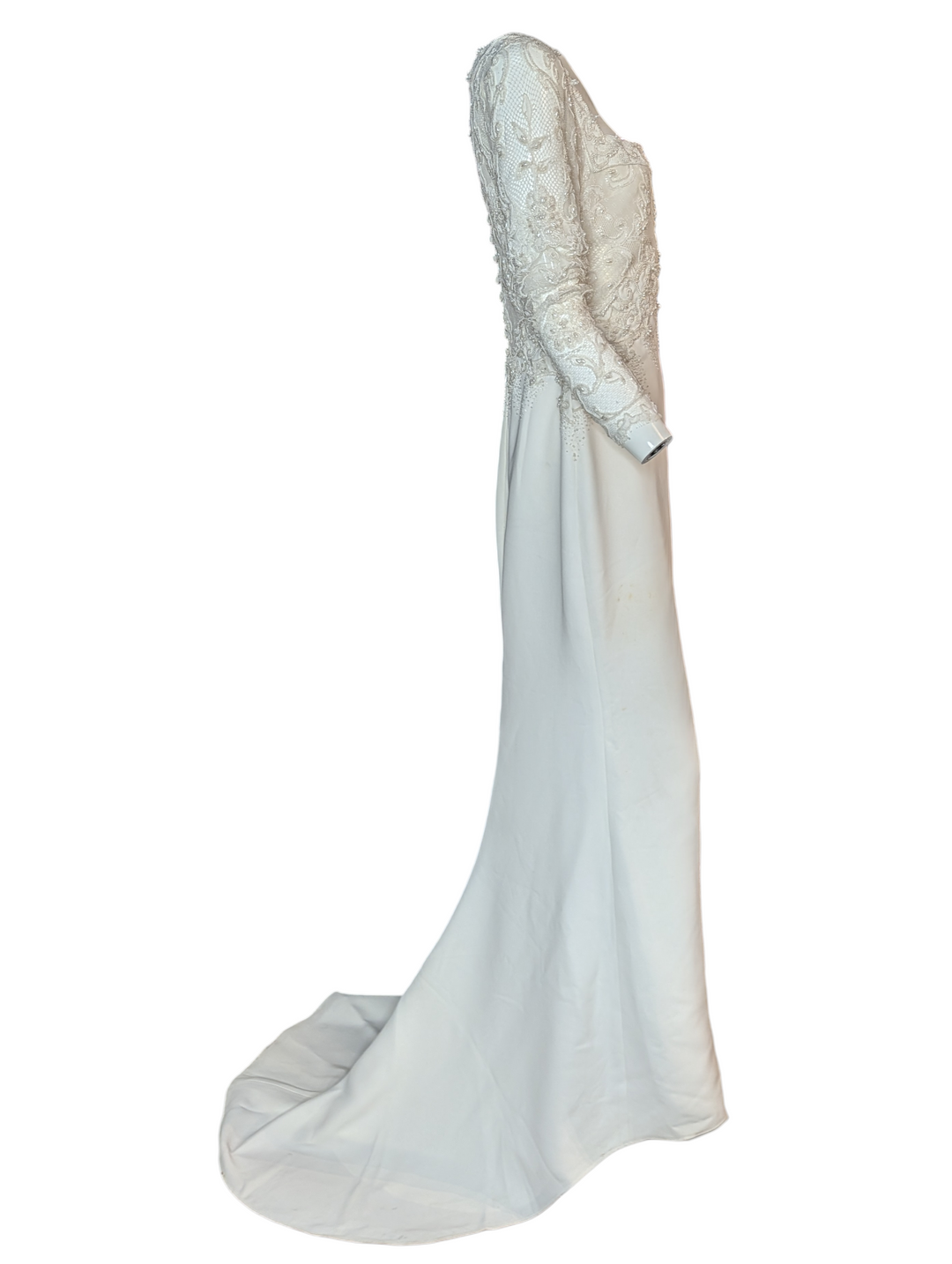 Full back view of Badgley Mischka bridal gown showing lace detailing and extended train