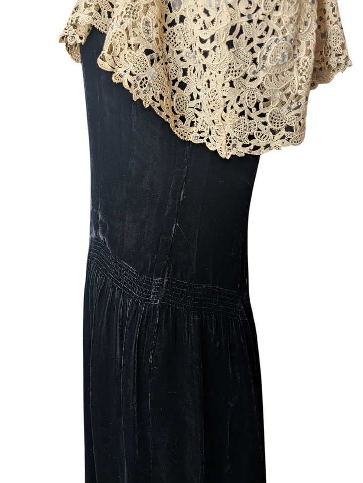 1940s Black Velvet Evening Gown with Ecru Lace and Rhinestones