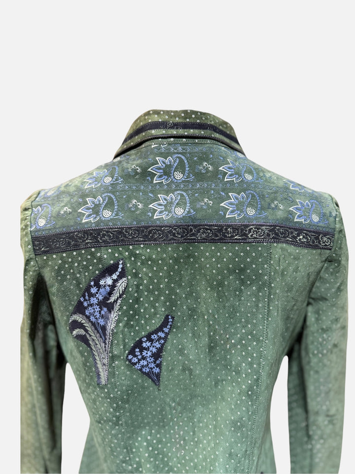 1970s Roberto Cavalli for Crissa Olive Green Printed Suede Shirt Jacket and Trouser Set
