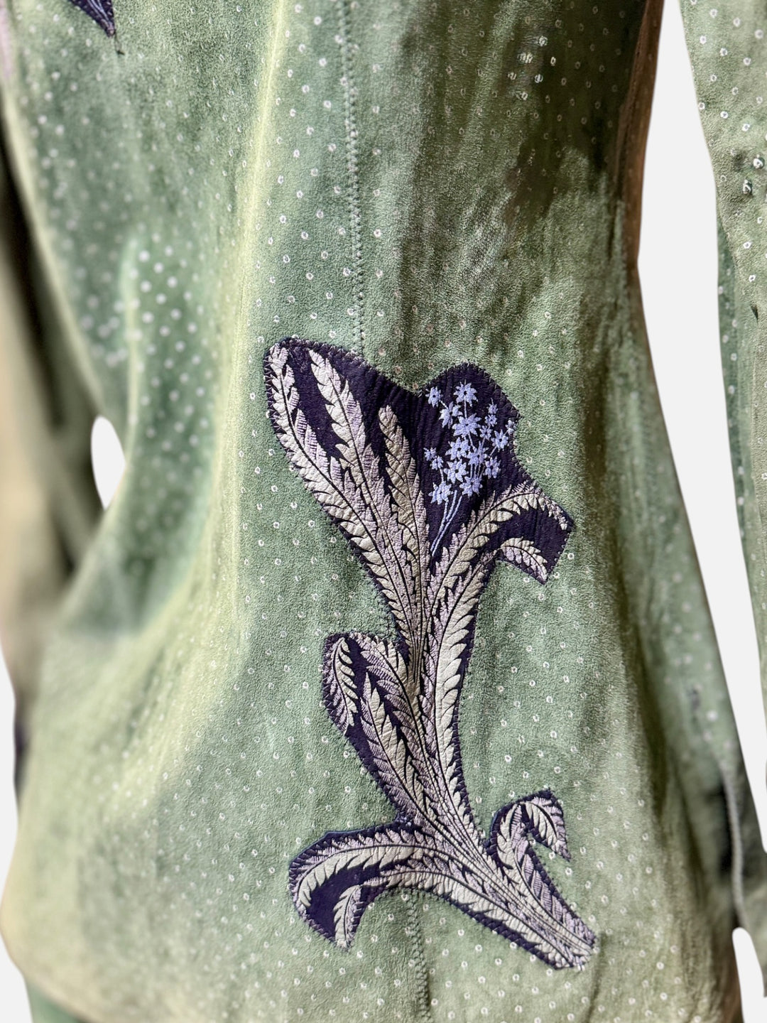 1970s Roberto Cavalli for Crissa Olive Green Printed Suede Shirt Jacket and Trouser Set