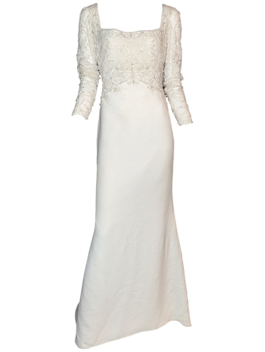 Front view of vintage Badgley Mischka wedding gown with lace bodice, long sleeves, and flowing train