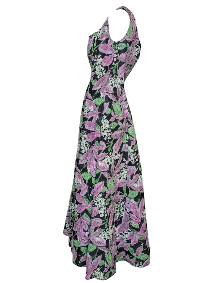 Nina Ricci Black Silk Hand Painted Floral Evening Gown with Deep V Back