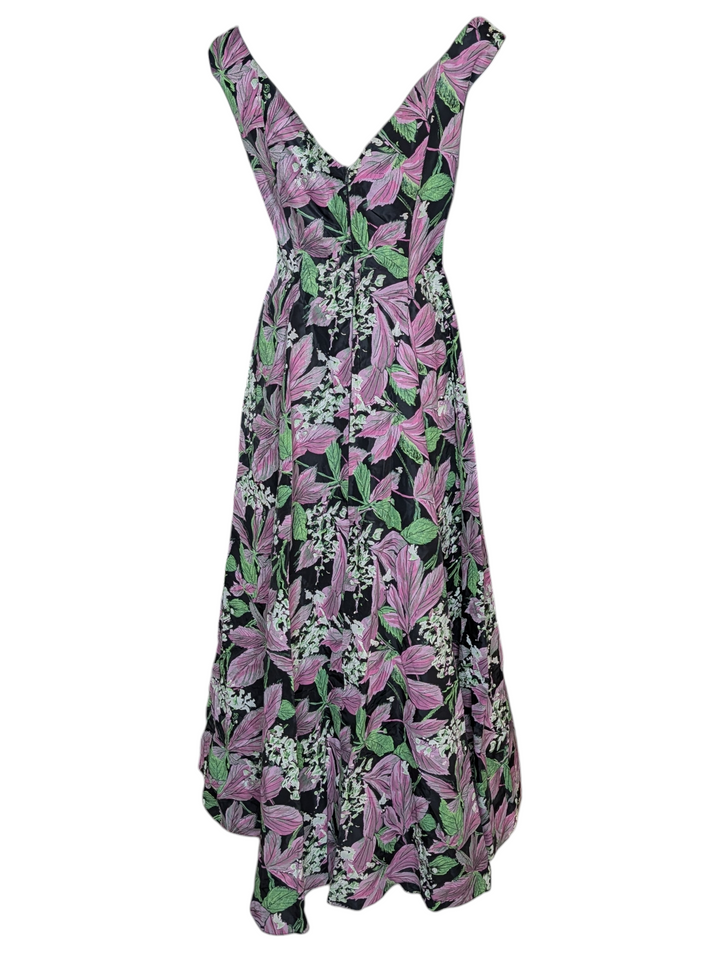 Nina Ricci Black Silk Hand Painted Floral Evening Gown with Deep V Back