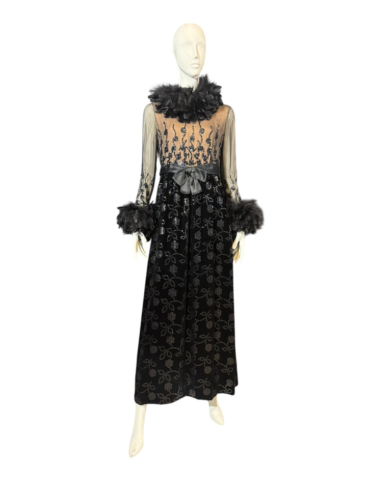 1970 Oscar de la Renta Black Velvet Gown with Sequin Embroidery & Ostrich Feather Trim (Vogue + Museum Featured), Apparel, Oscar de la Renta, RERACKED