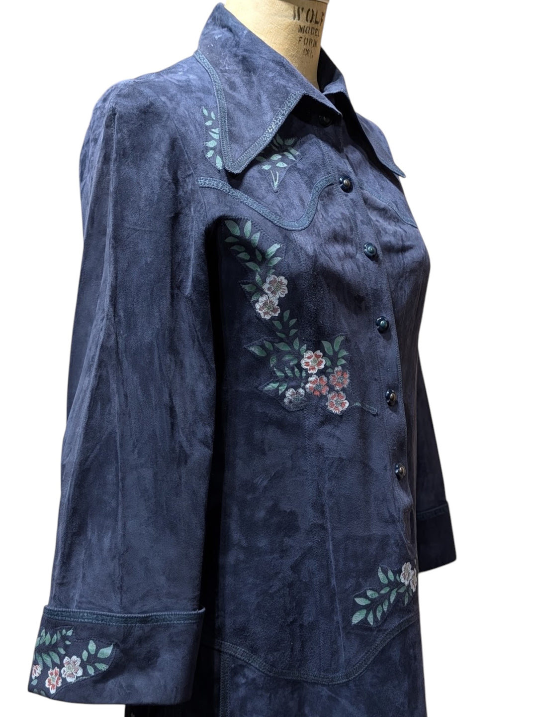 Early 1970s Roberto Cavalli Navy Hand-Painted Suede Shirtdress