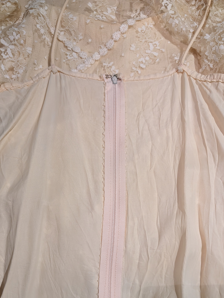 1970s Lace Drop Waist Long Sleeve Wedding Gown with Slip