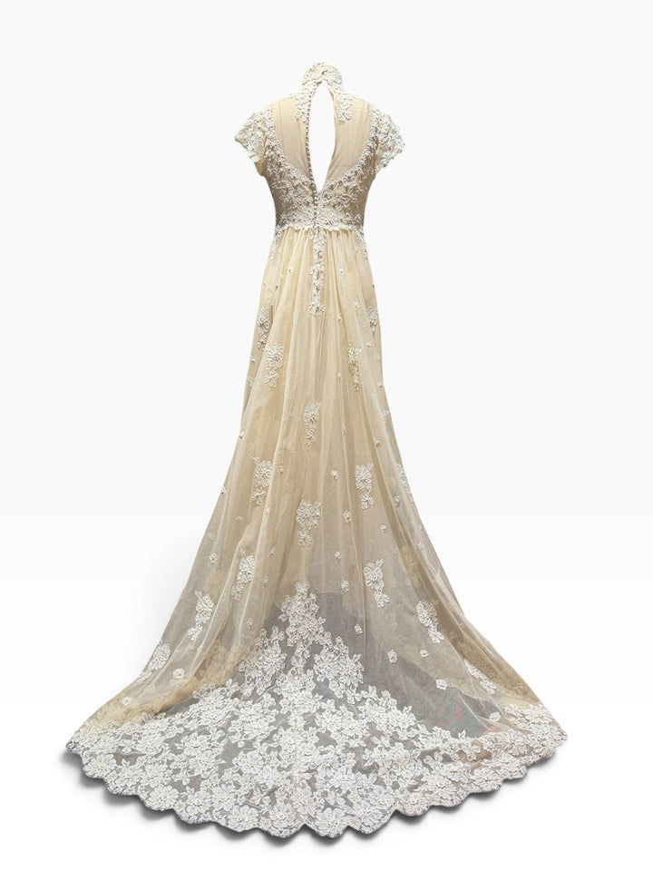 1976 Bergdorf Goodman Lace Wedding Gown & Juliet Cap Veil