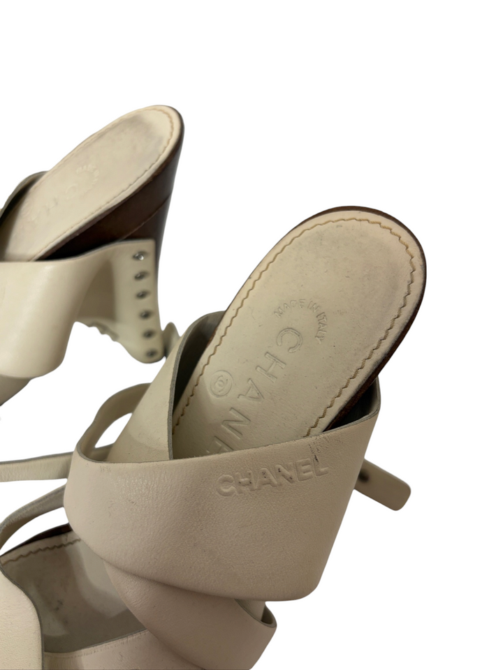 Chanel Cream Leather & Wood Studded Clog Mule, 40.5