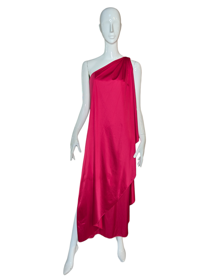 1970s Halston Hot Pink One-Shoulder Goddess Gown with High Slit