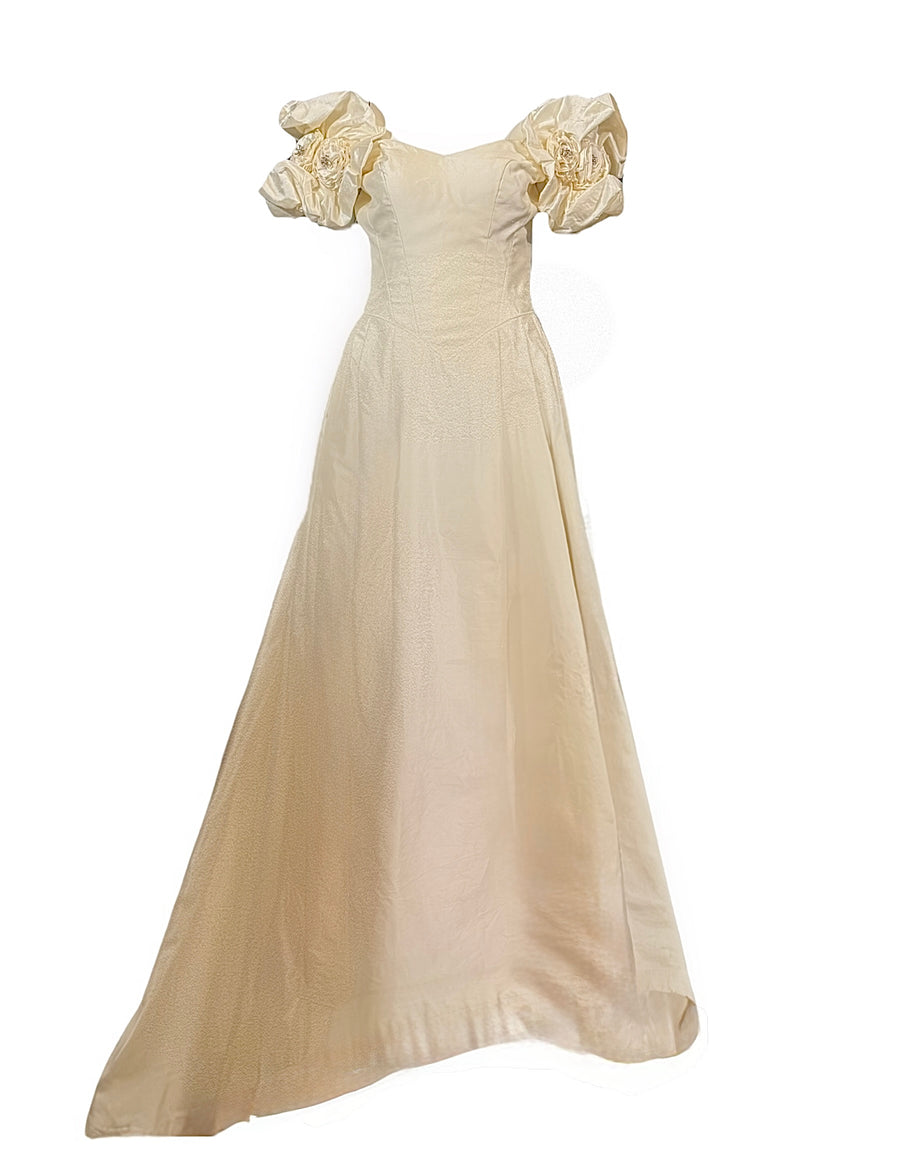 Vintage Priscilla of Boston Ivory Silk Taffeta Wedding Gown with Floral Puff Sleeves, 1980s - an exquisite vintage wedding gown showcasing a romantic off-the-shoulder design.