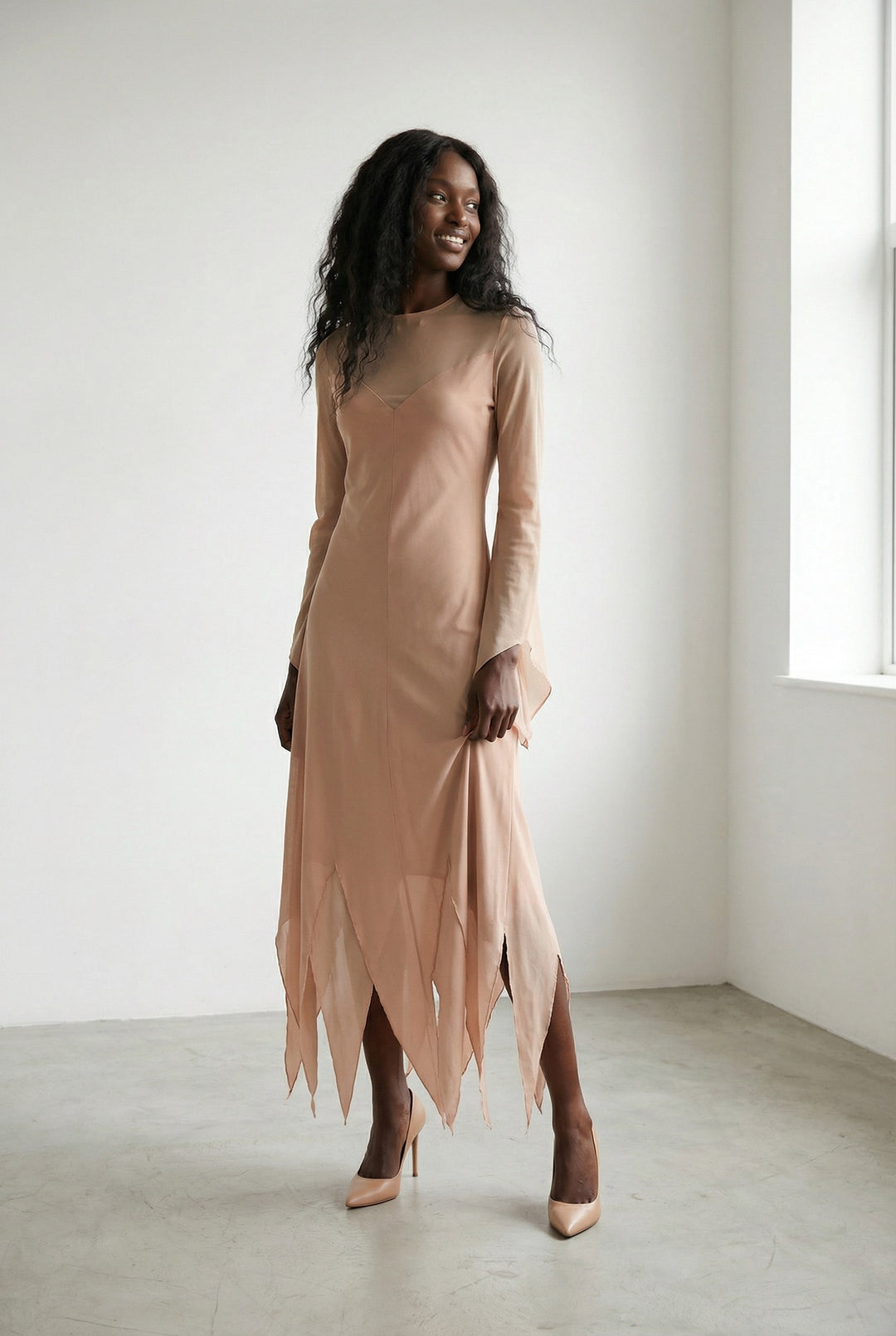 1970s Ingrid Cado Peach Rayon Jersey Evening Gown with Hankerchief Hem