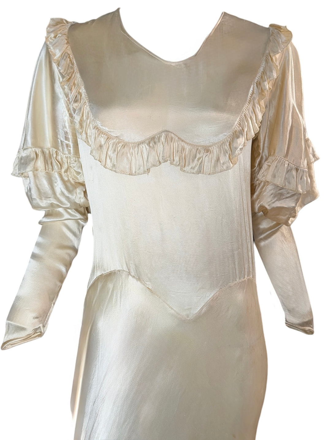 1930s Bias-Cut Ivory Satin Wedding Gown with Puff Sleeves and Ruffled Yoke