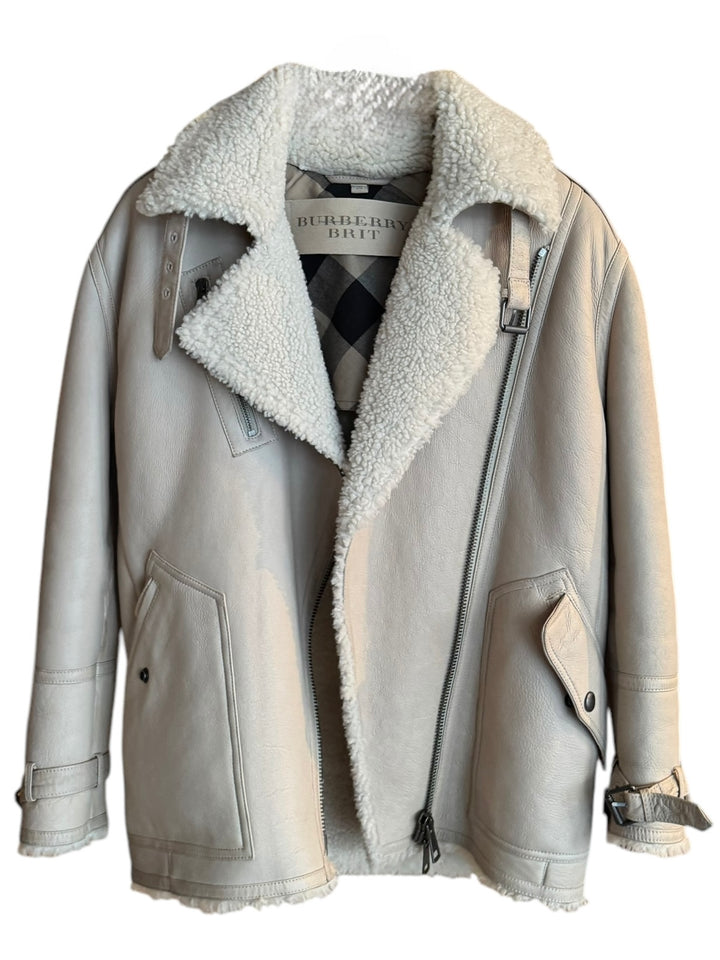 Burberry Brit Grey Leather Shearling Lined Motorcycle Jacket