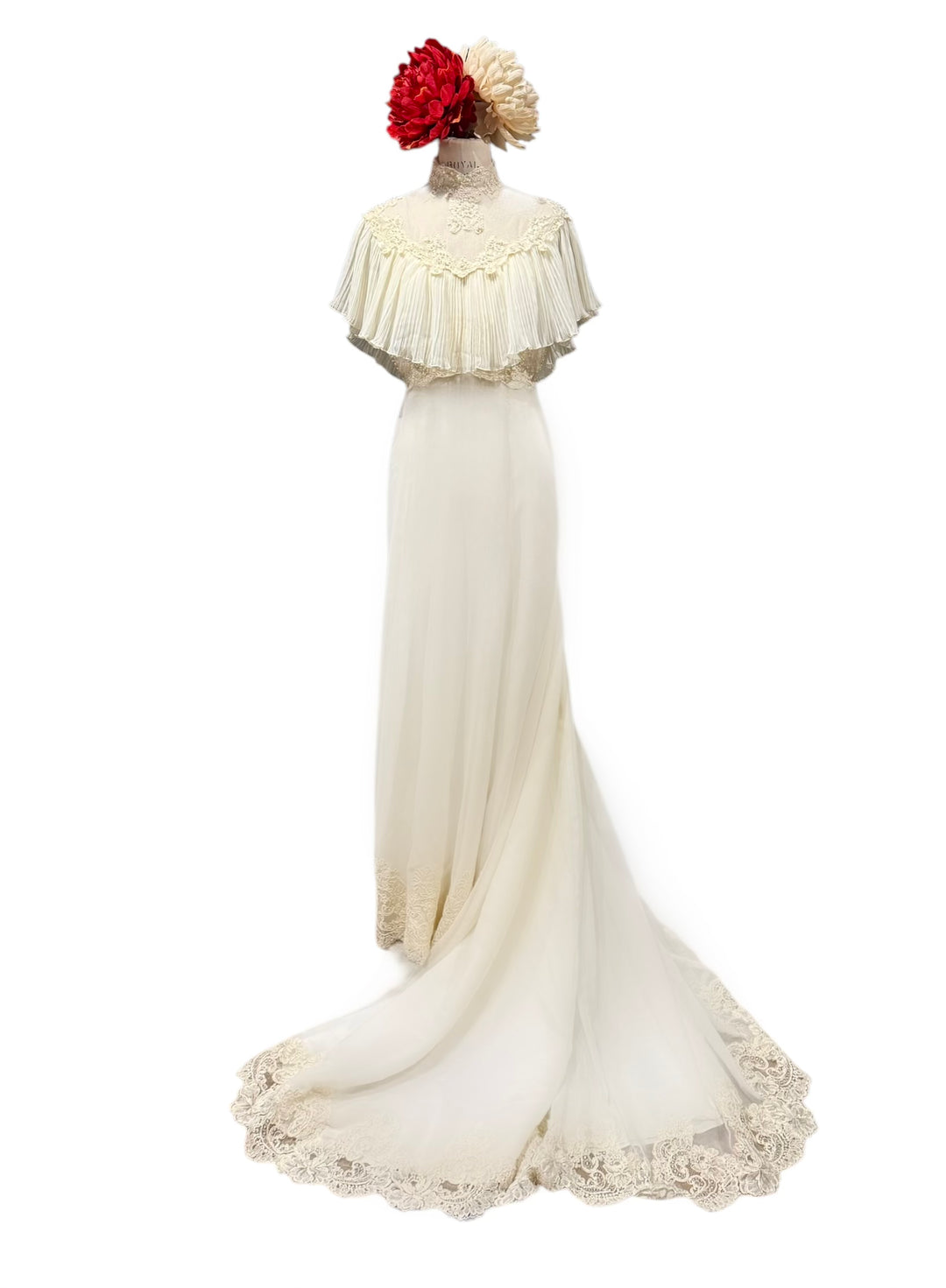 1970s wedding dresses 1970's Lace and Chiffon Gown / Bishop Sleeves / Size Small neck wedding gown 1970s wedding dress - Clementine