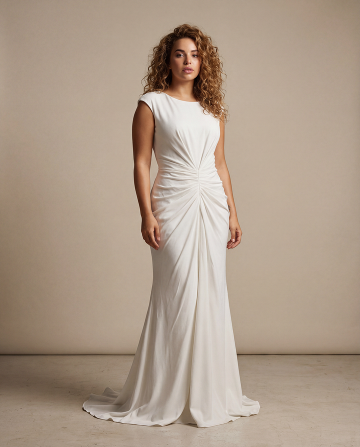 Woman wearing a grey white gown against a beige background