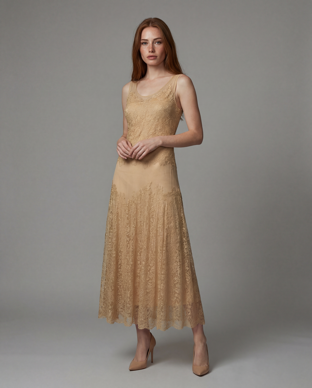 Vintage 1930s Peach Lace Silk Chiffon Drop Waist Gown
