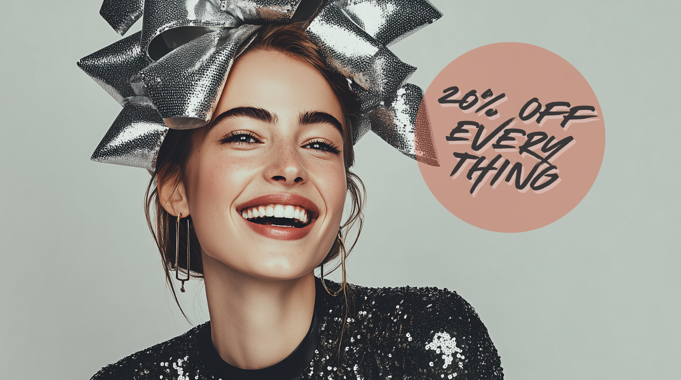 Woman wearing a large silver bow headpiece with a '20% off everything' text overlay on a gray background.