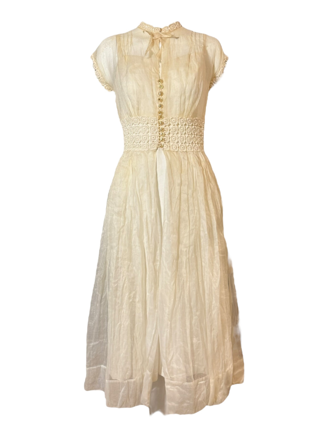 Vintage 1940s Sheer Ivory Organza Dress with Crochet Waist and Lucite Buttons, wedding dress, UNNAMED, RERACKED