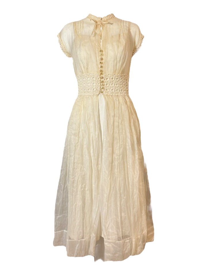 Vintage 1940s Sheer Ivory Organza Dress with Crochet Waist and Lucite Buttons, wedding dress, UNNAMED, RERACKED
