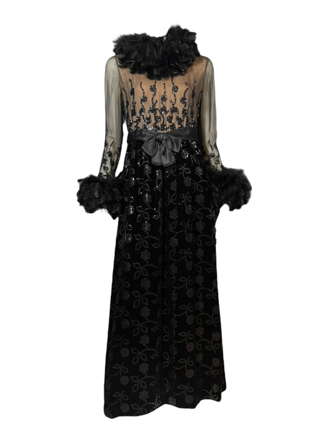1970 Oscar de la Renta Black Velvet Gown with Sequin Embroidery & Ostrich Feather Trim (Vogue + Museum Featured), Apparel, Oscar de la Renta, RERACKED
