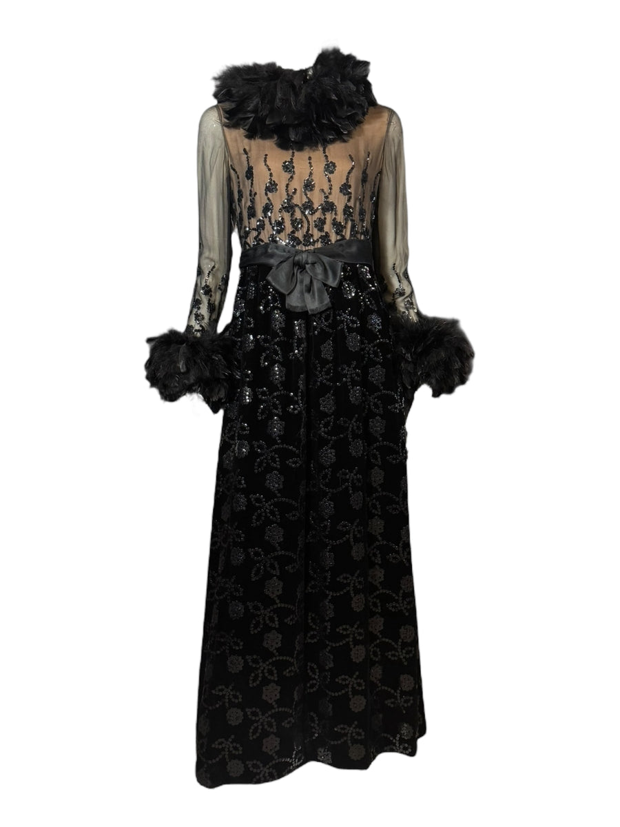 1970 Oscar de la Renta Black Velvet Gown with Sequin Embroidery & Ostrich Feather Trim (Vogue + Museum Featured), Apparel, Oscar de la Renta, RERACKED