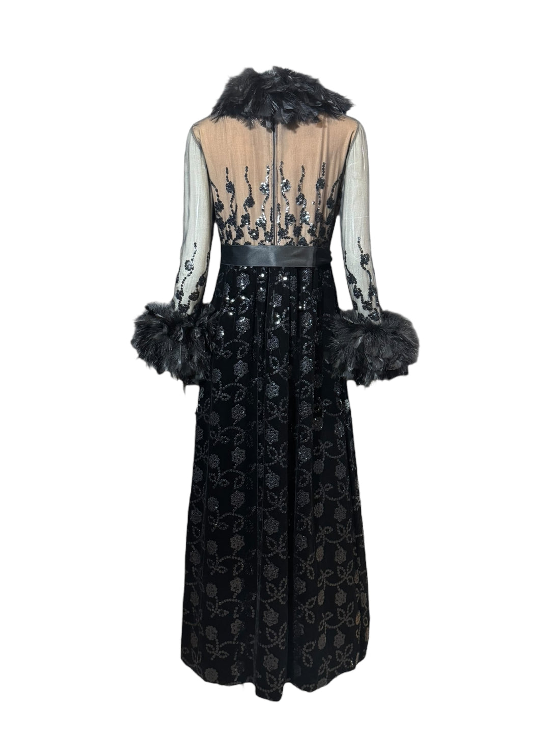 1970 Oscar de la Renta Black Velvet Gown with Sequin Embroidery & Ostrich Feather Trim (Vogue + Museum Featured), Apparel, Oscar de la Renta, RERACKED