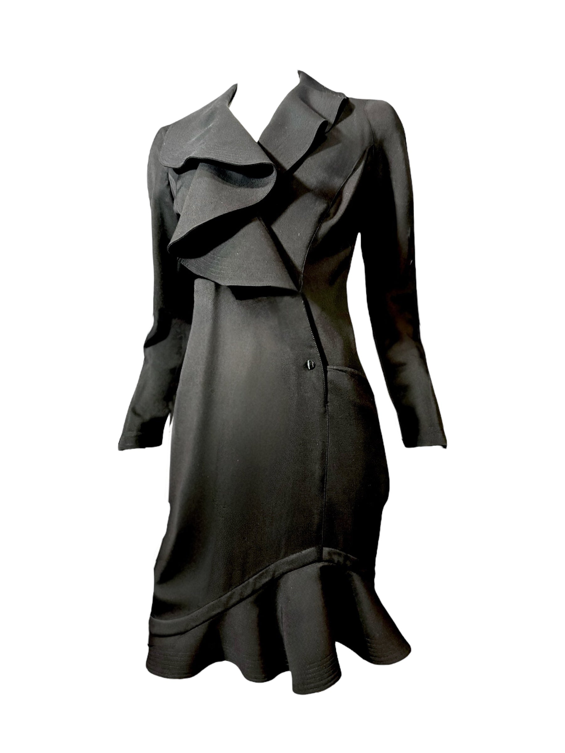 Thierry Mugler 1989 Runway Ruffle Collar Black Wrap Suit Dress