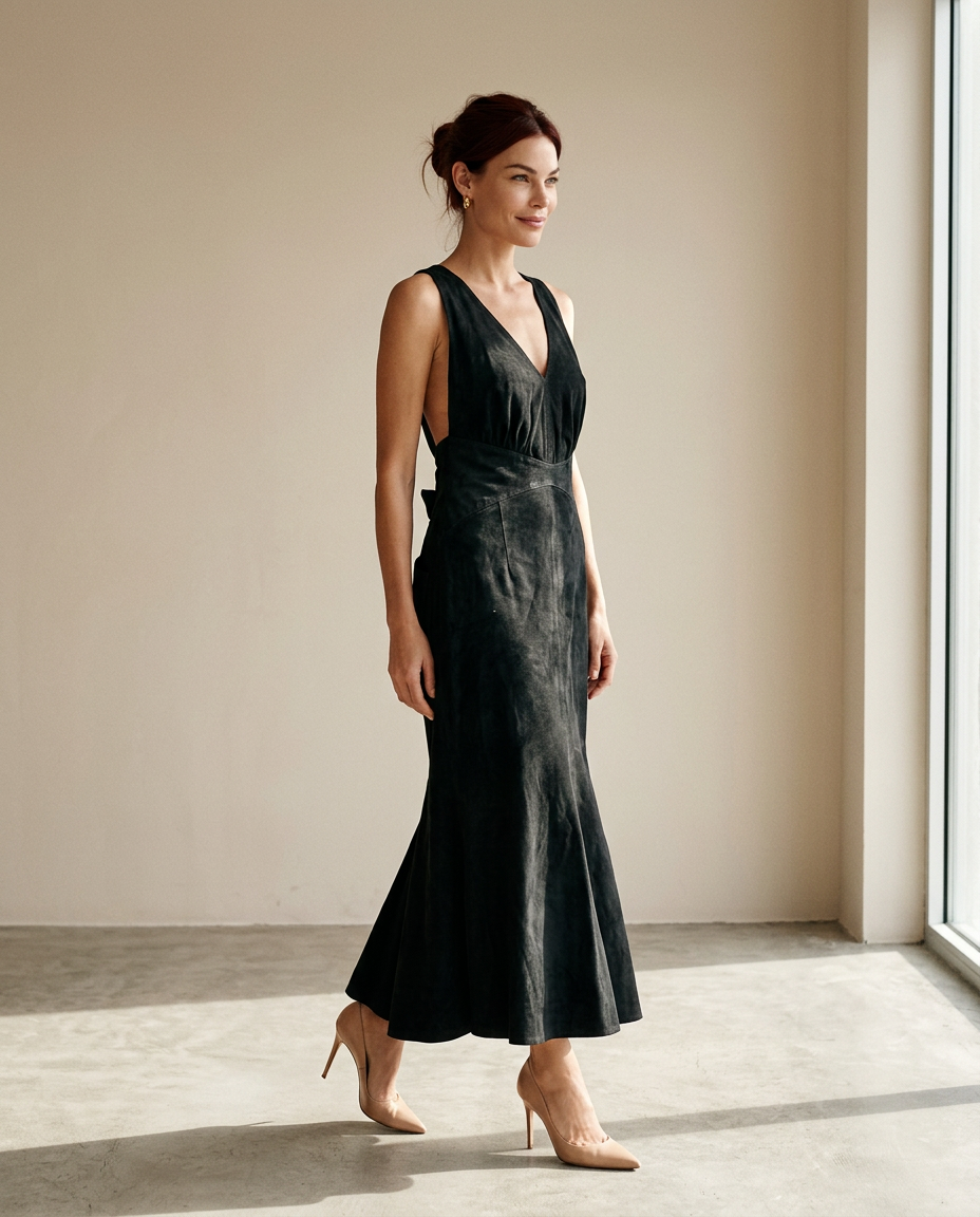 Thierry Mugler Black Suede Open-Back Mermaid Gown c.1983–85