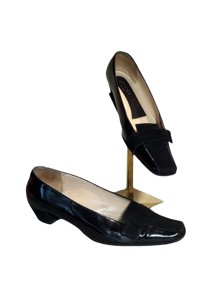 Gucci Black Patent & Suede Square-Toe Loafer Pump, Tom Ford Era, 38.5