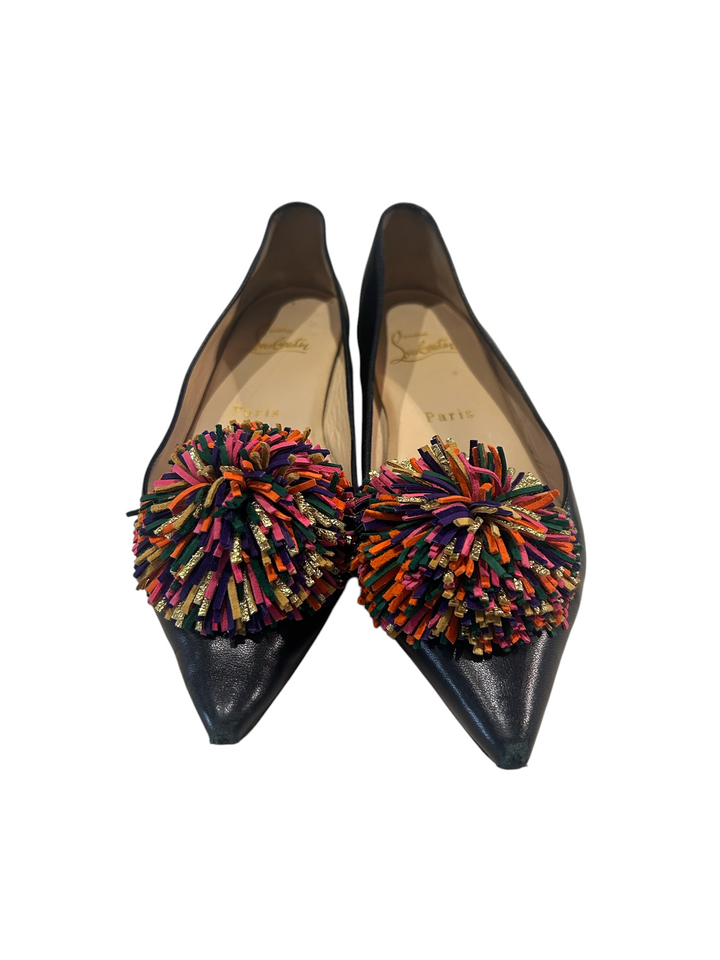 Christian Louboutin Black Leather Pom-Pom Pointed Flat, 36.5