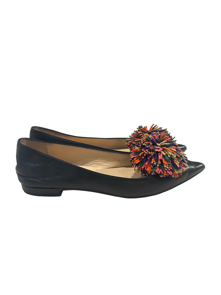 Christian Louboutin Black Leather Pom-Pom Pointed Flat, 36.5