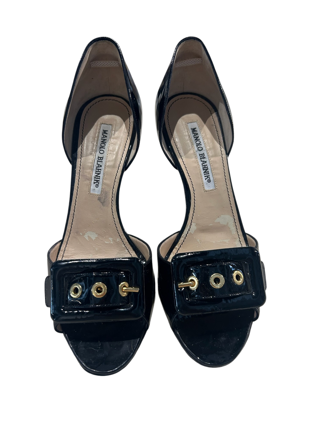 Manolo Blahnik Black Patent Grommet d'Orsay Peep-Toe Pump, 36.5