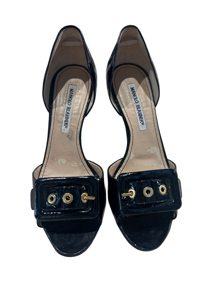 Manolo Blahnik Black Patent Grommet d'Orsay Peep-Toe Pump, 36.5